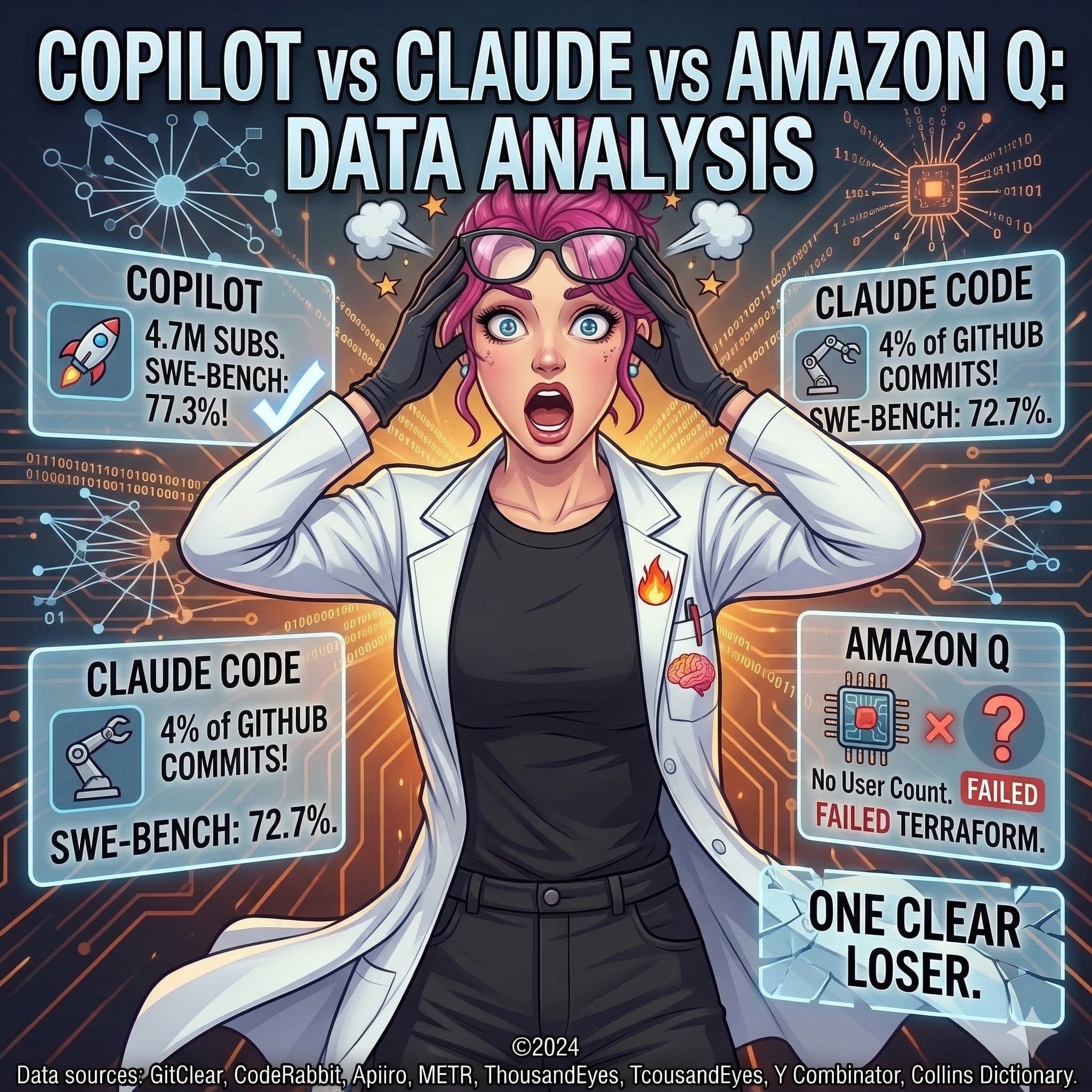 Zara visual for AI coding benchmark analysis across Copilot, Claude Code, and Amazon Q