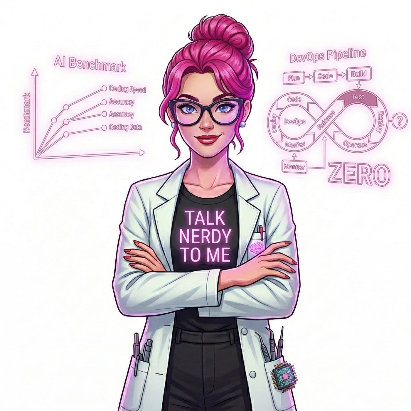 Zara visual with AI benchmark and DevOps pipeline sketches